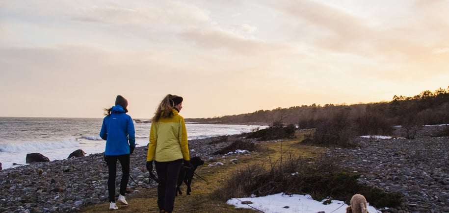To mennesker og en hund går tur langs en strand på vinteren