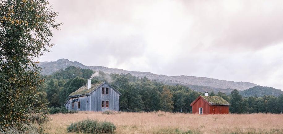 Høst på Bleskestadmoen turisthytte. Bjørkeskog, støl, seter, Suldal.
