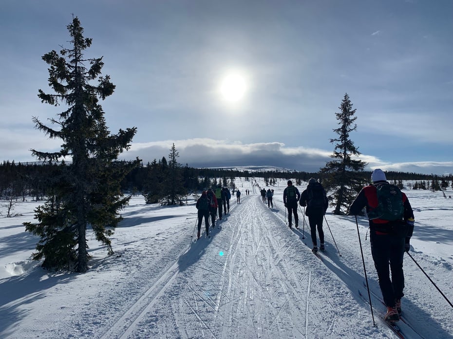 Skiløpere går med sola i ansiktet