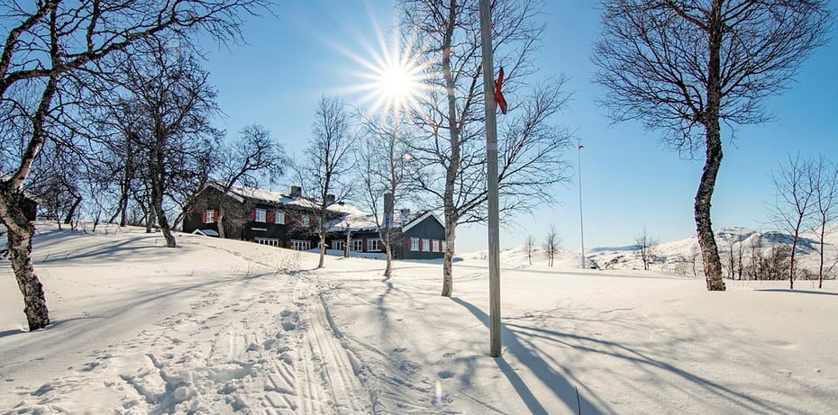 En brun L-formet to-etasjes hytte er synlig midt i bilder, der en ligger i en slak oppoverbakke, hvor hele terrenger rundt er dekket av snø. Spredte løvfrie trør står her og der. Solen stråler i en skyfri himmel. 