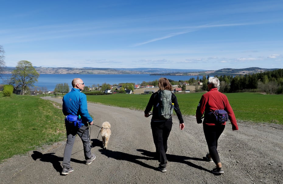 Tre personer som går på grusvei i åkerlandskap