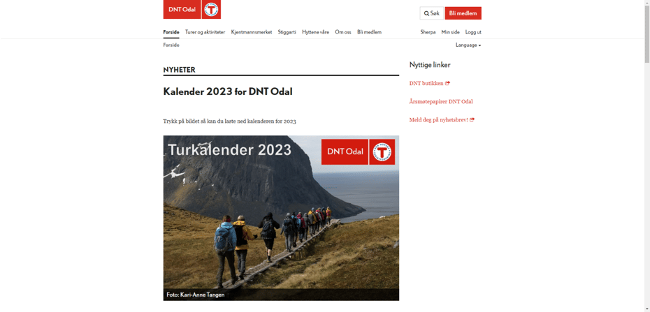Bilde forside gamle nettside til DNT Odal