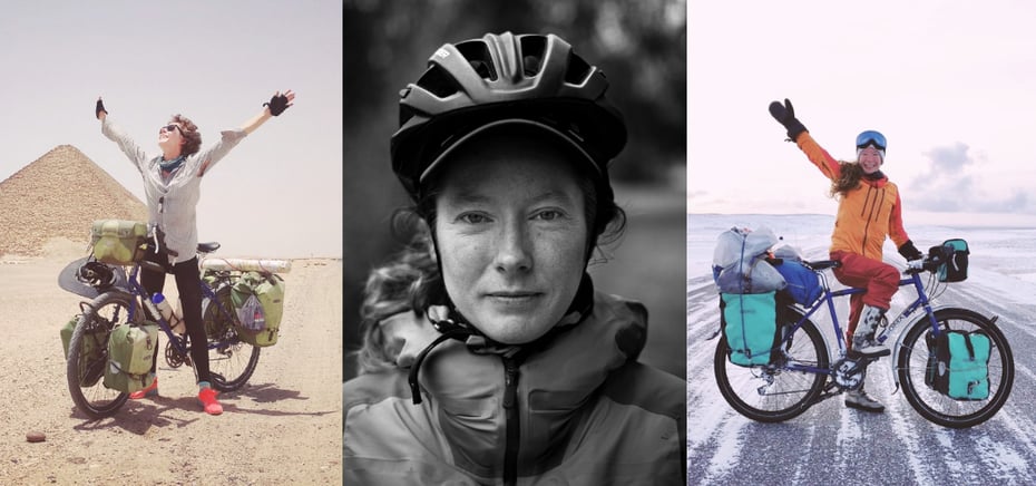 Bildekollasj av klimaeventyreren Teresie Hommersand på tur med sykkelen.