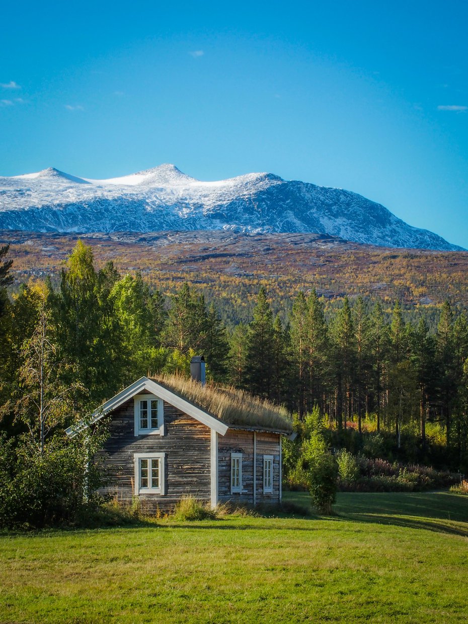 Ei laftet hytte med en skog bak, og en hvitkledt fjelltopp bak der igjen. 