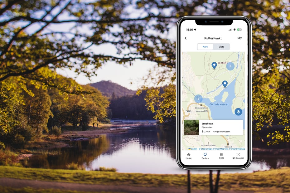 Iphone med skjerm som viser appen Kulturpunkt.