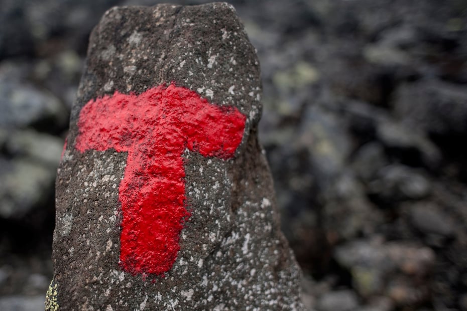 Nærbilde av en stein malt med rød T. Foto.