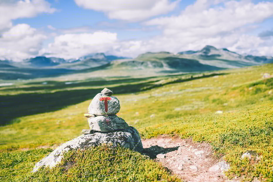 Rød T langs sti på fjellet