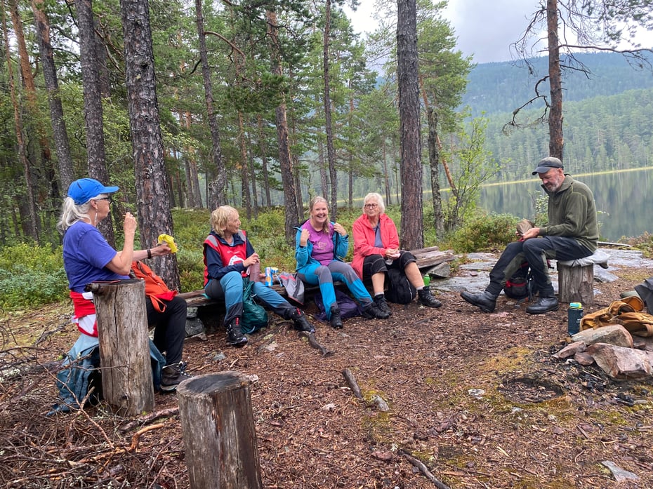 5 mennesker sitter på stubber i skogen, i bakgrunn er det vann