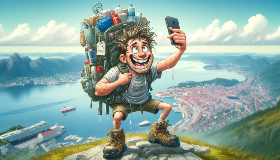 Morsom illustrasjon av superglad mann som tar selfie på fjelltopp.