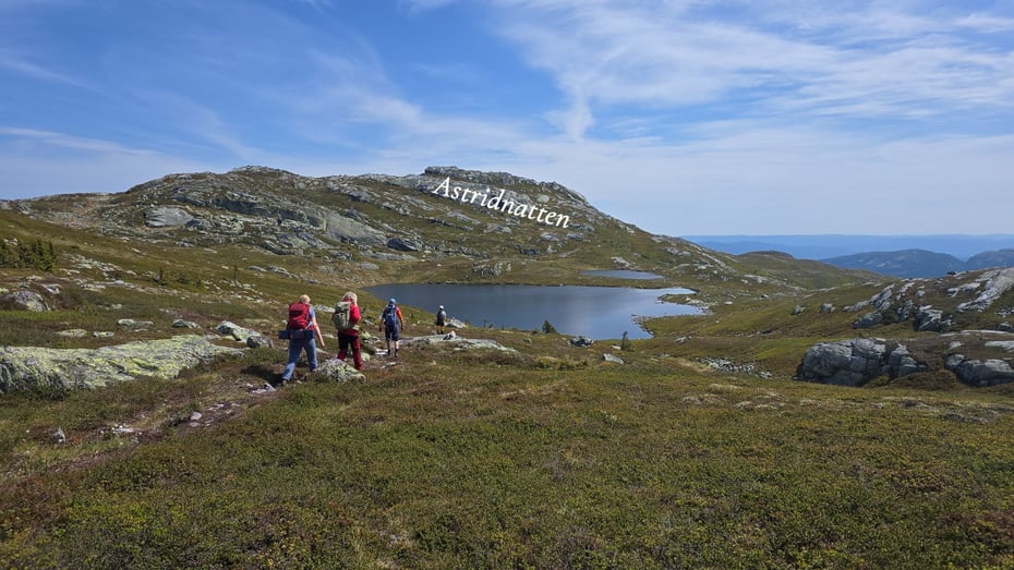 Mennesker går på tur på rekke, i bakgrunn er det en fjelltopp og et vann.