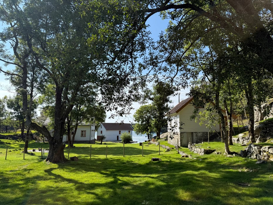 Hvit hytte bak grønne trær og gressplen.