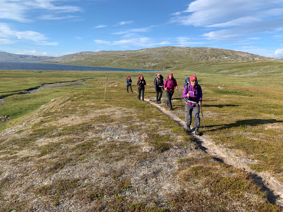 Turfølge går etter hverandre langs tydelig sti på ei grønn vidde. Fint vær og et vatn i bakgrunnen