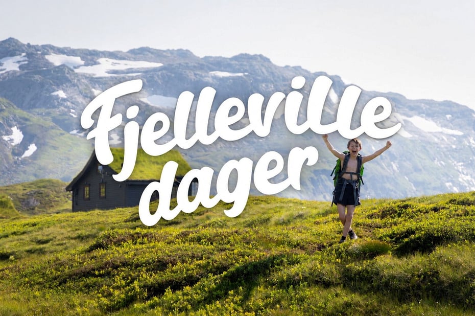 Annonse hvor det står fjelleville dager med en gutt bak som jubler ved en hytte.