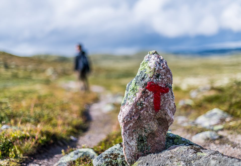 Rød T og sti i fjellet.