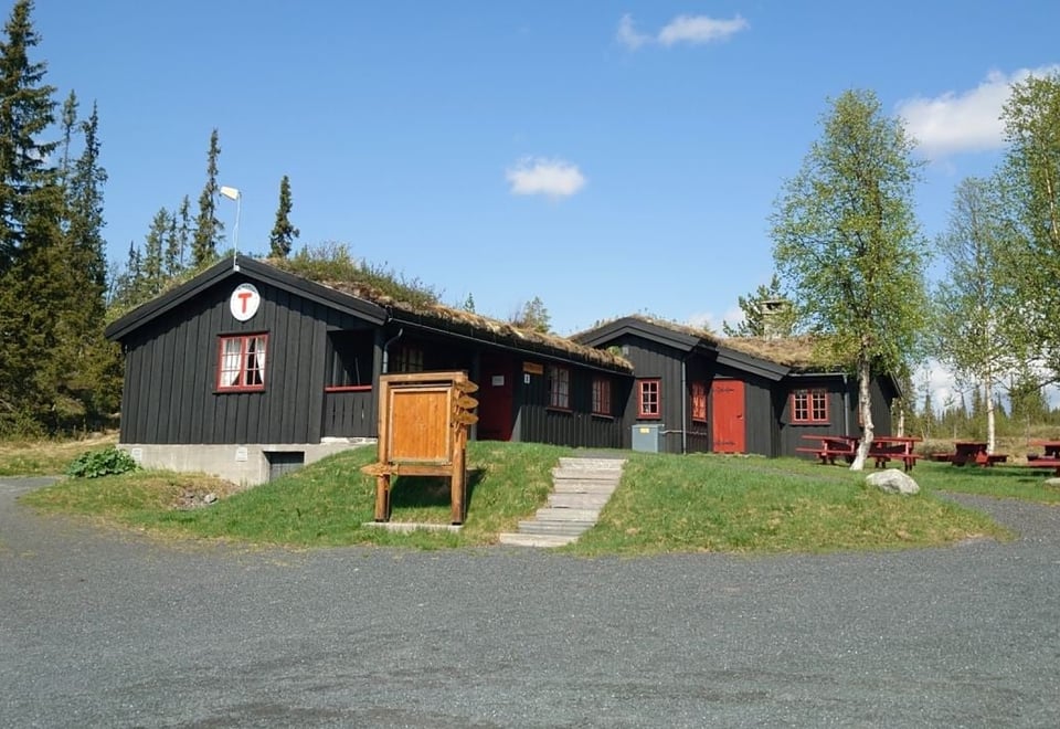 Hytte med plen og trær rundt