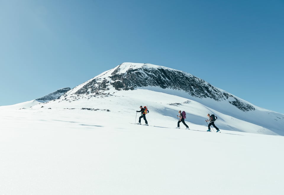Gjeng på ski i snødekt landskap med fjelltopp i sikte