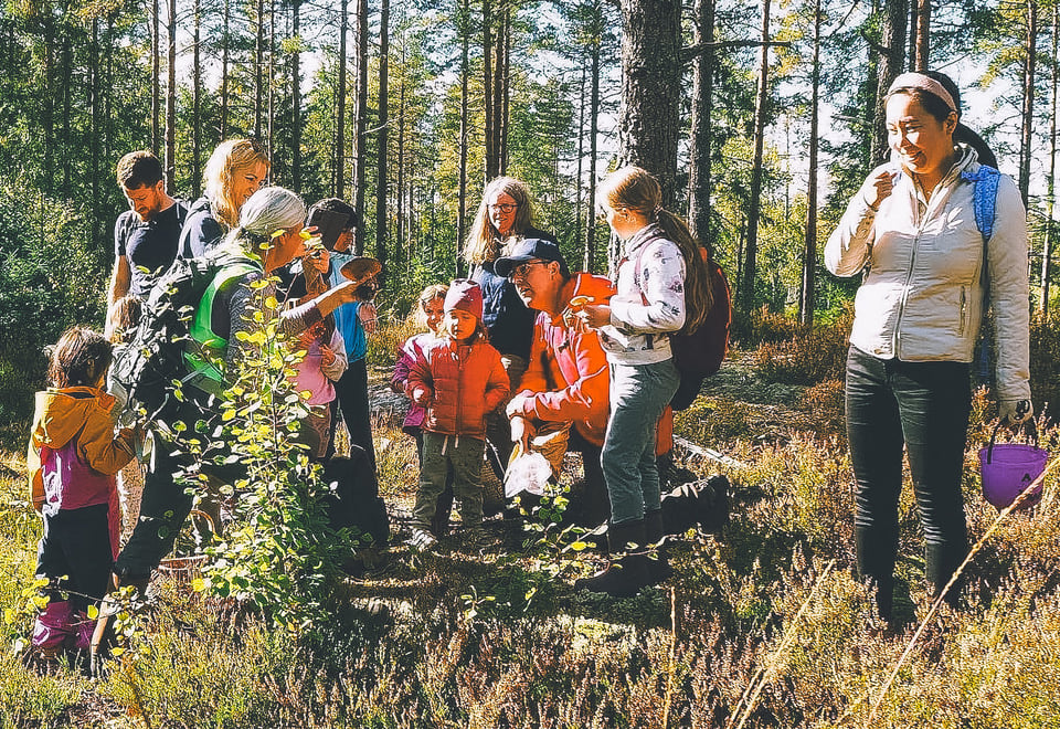 Barn og voksne på tur i skogen.