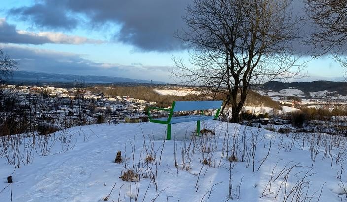 Et vinderlandskap. Et snødekket utkikspunkt, med en parkbenk, ved siden av et bart tre. I bakgrunnen ser man ned på et utbredt landskap-