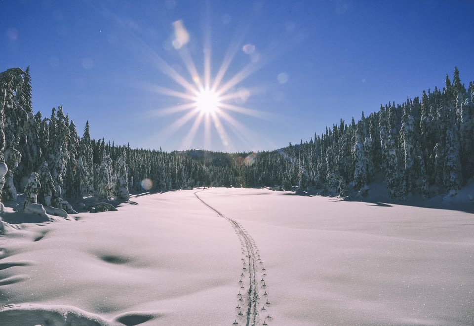 Et snølagt vann med skispor omkranset av snødekt skog 