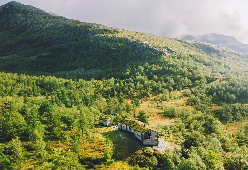 Hytte i grønt fjellområde