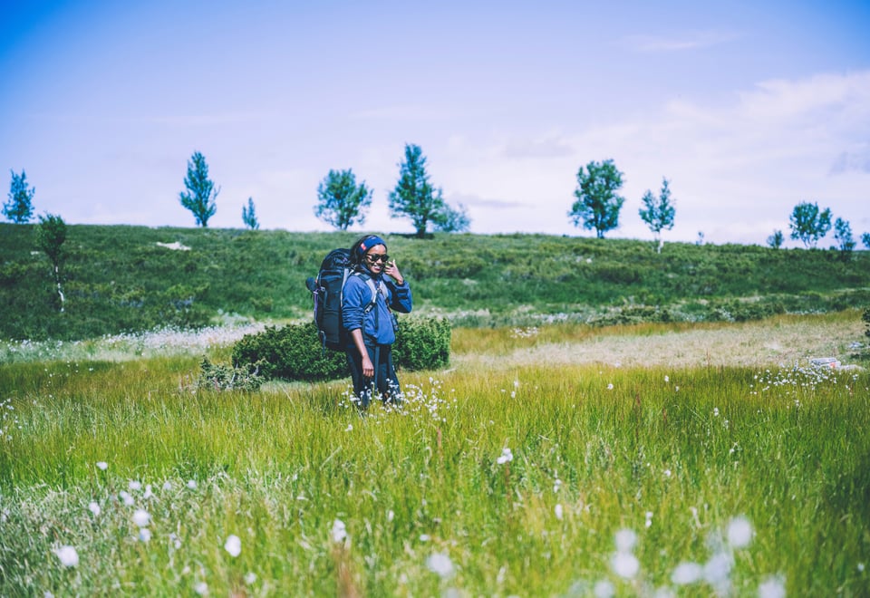 En blomstereng, med en person som går på tvers av den. En gressdekket rygg i bakgrunnen, med spredte trær på den.