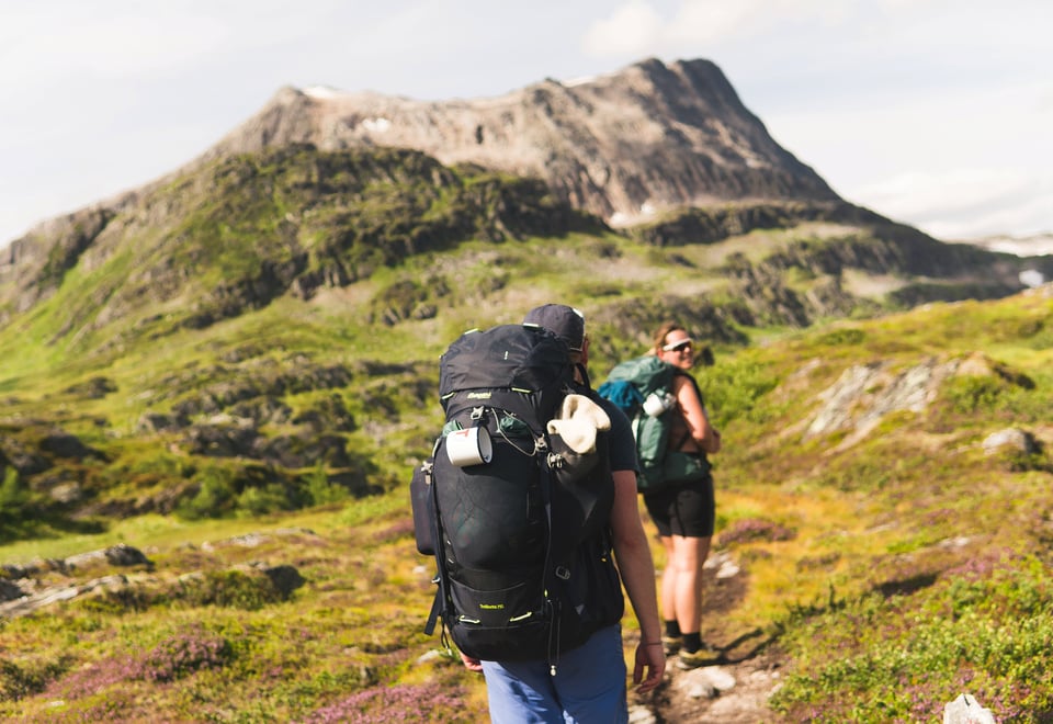Person med stor tursekk sett bakfra, foran et villmarkslandskap med et fjell i bakgrunnen