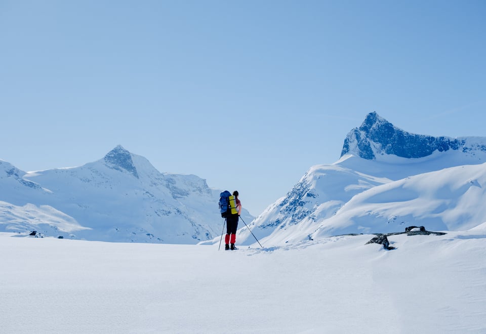 A lone skier with a large backpack looks out over a vast, snow-covered mountain range under a clear blue sky, surrounded by tall, rugged peaks.