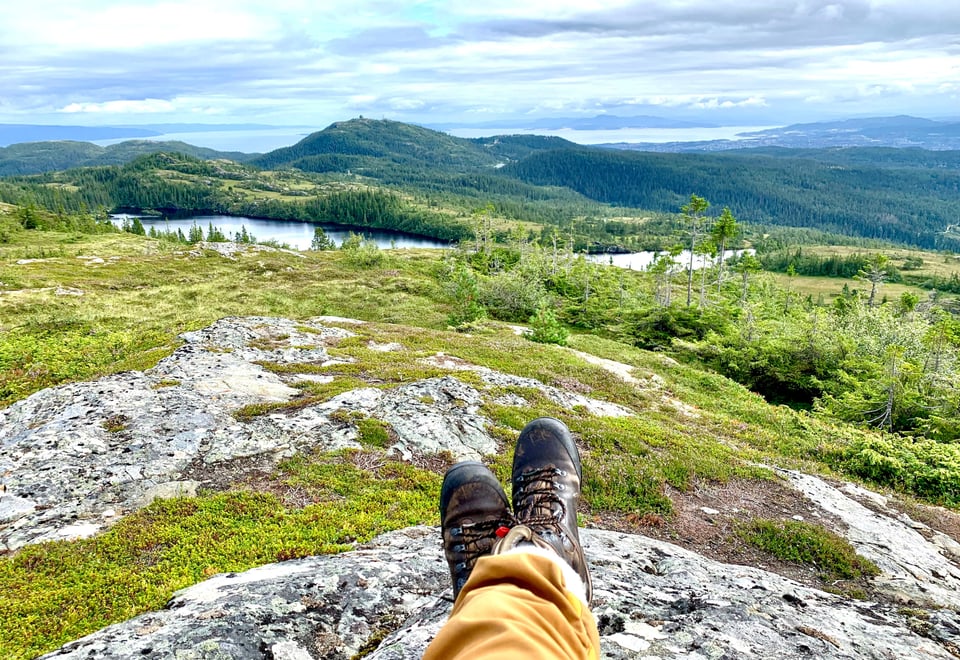 Bunnen av to bein synlig strekkende ut fra synspunktet, og en utsikt over et skoglandskap med en innsjø foran oss. 