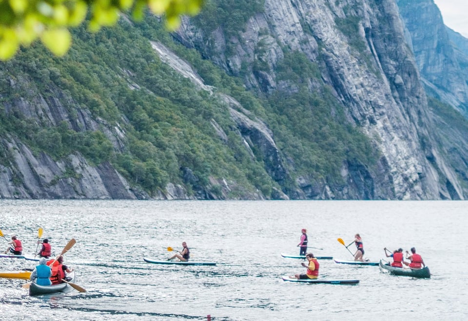 Flere mennesker som padler kano i Lysefjorden. Grønne blader vises i forgrunnen av bildet.