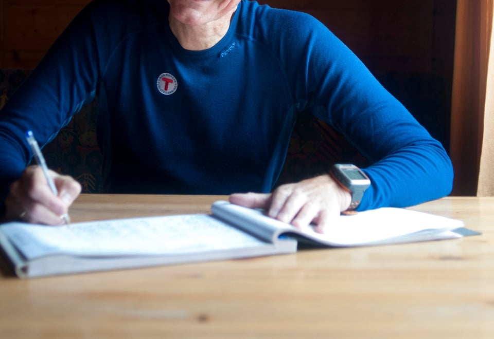 Protokollføring i hytteboka.