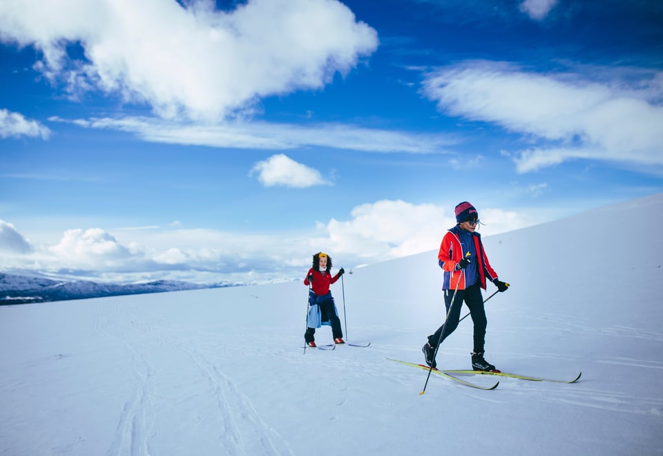 To skiløpere på langrennsski i vinterlig landskap