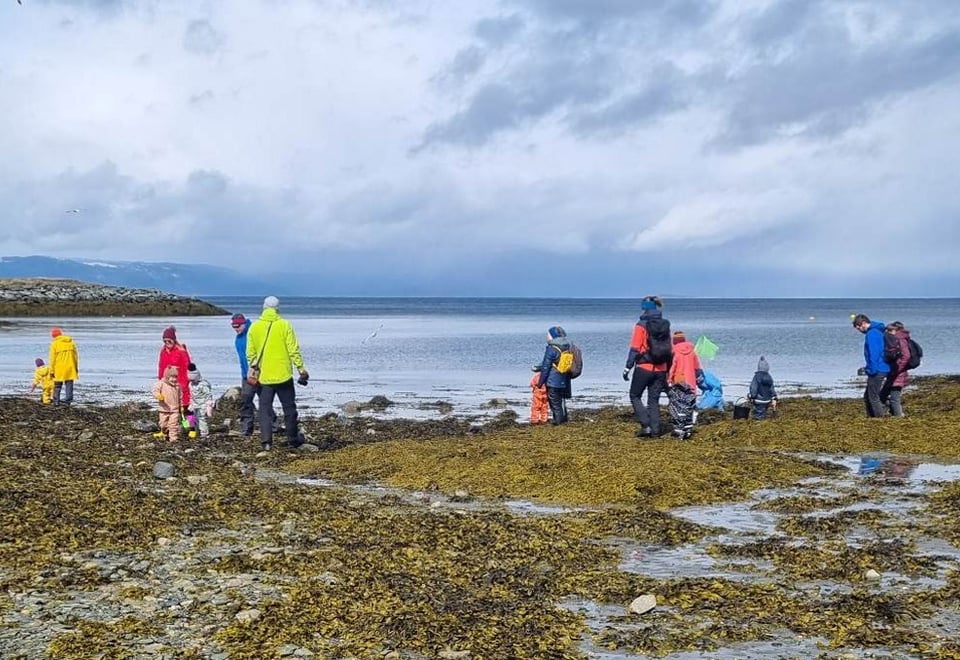 Masse småbarn i regnklær som vandrer rundt i fjærekanten, geleidet av voksne.