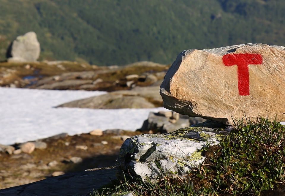 Varde på sti fra Breidablik til Fitjadalen, 2018.