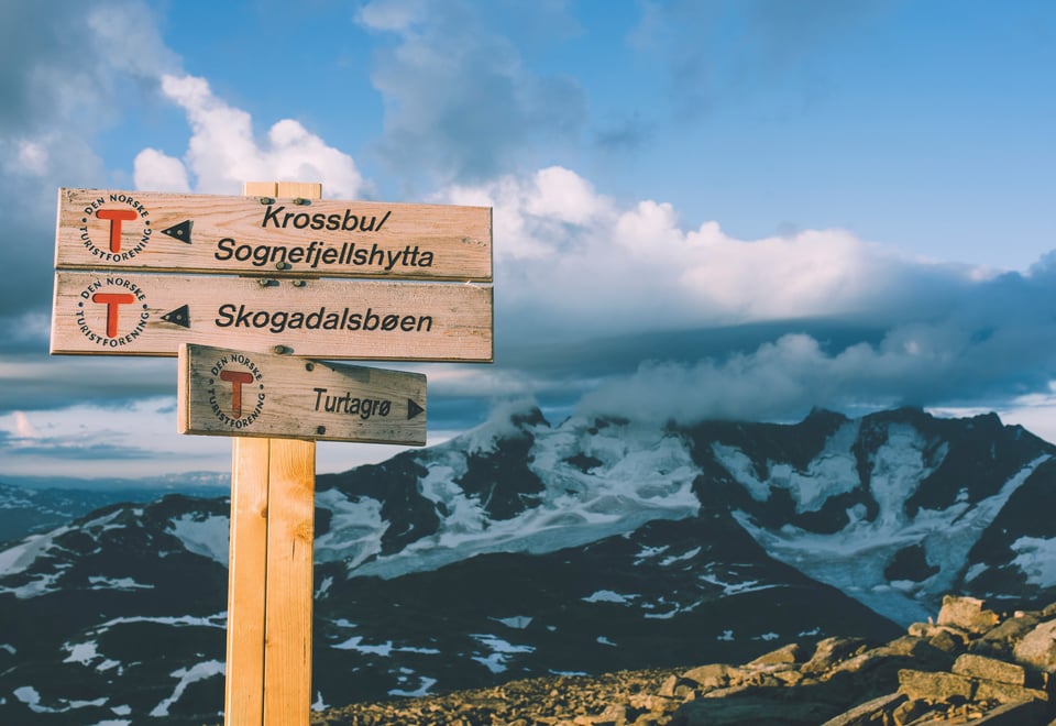 Andre uken av minutt for minutt gikk fem dager gjennom Jotunheimen. Turskilt på toppen av Fannaråken. 