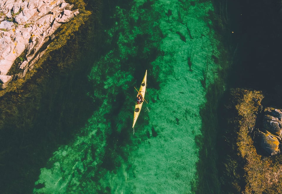 Kajakk i skjærgården, med grønt vann rundt - i fugleperspektiv