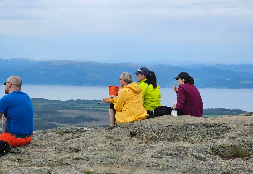 Fire personer på tur sitter på en fjelltopp med ryggen til kamera, og ser utover landskapet. Fjord synlig i bakgrunnen