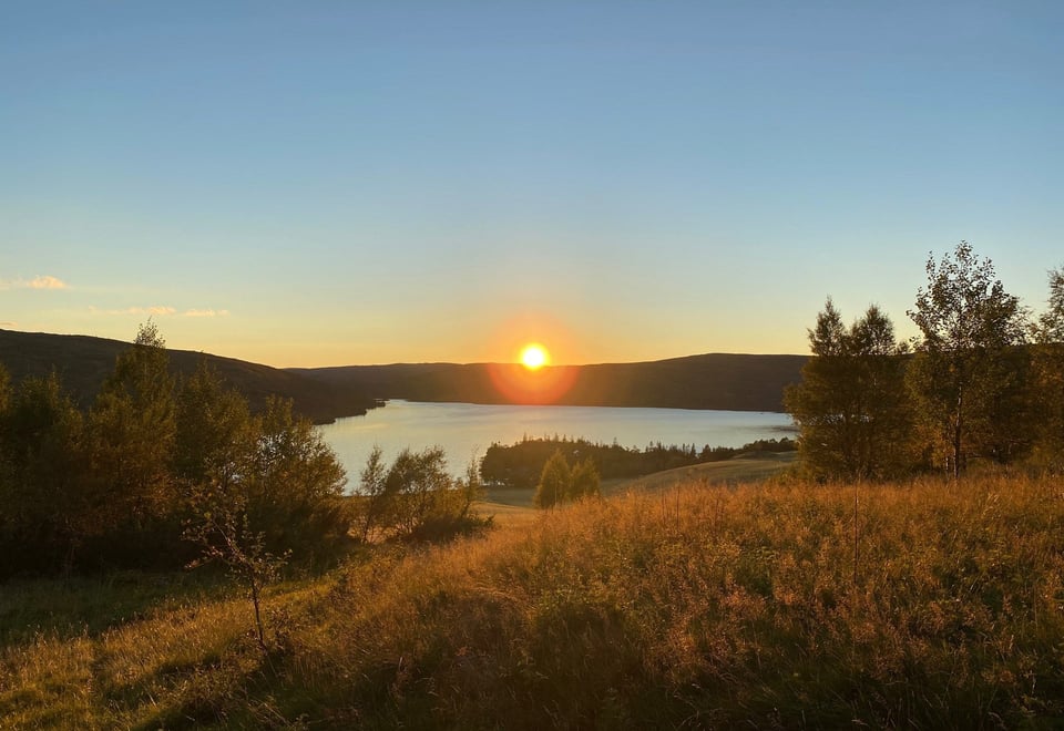 Et naturlandskap, med en eng i forgrunnen, en innsjø i mellomgrunnen, og en solnedgang på horisonten midt i bildet. Skyfri himmel. Trær på venstre og høyre side.