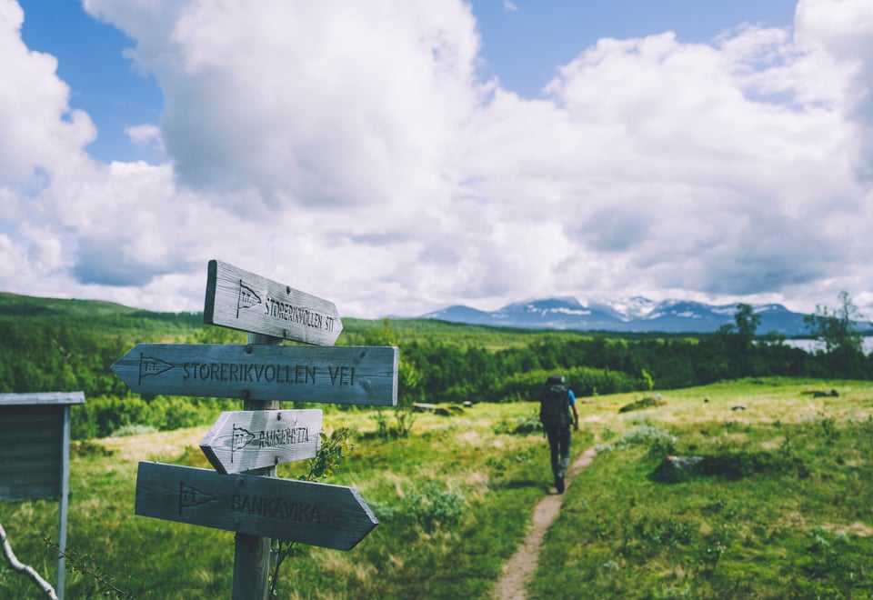 En skiltstolpe med flere skilt som peker ut retningen til forskjellige hytter. En sti fører inn i bildet, hvor en person med ryggsekk går vekk fra oss, mot skogen i det fjerne. 