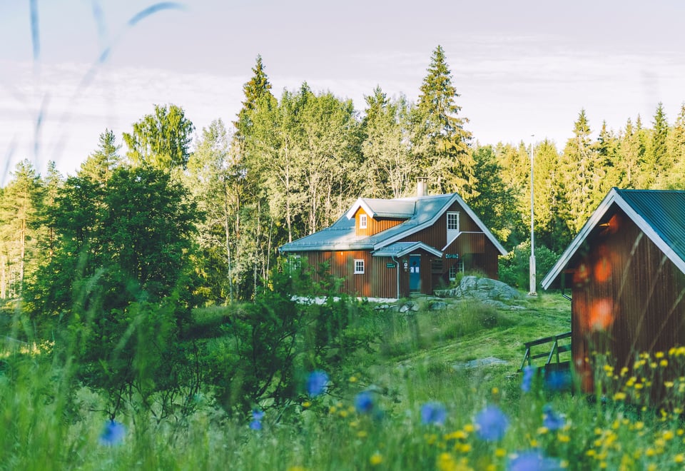 Rød trehytte med blått tak omgitt av grønn skog og blomstereng
