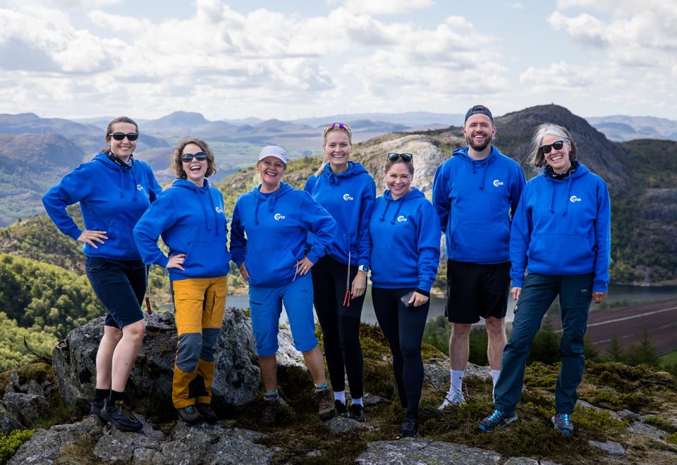 Syv glade mennesker i blå jakker smiler på toppen av et fjell