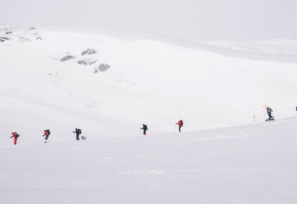 Flere personer som går på ski mot en hytte
