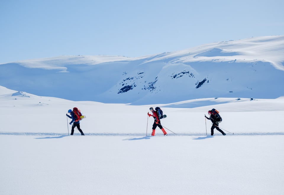 Tre skiløpere i vinterkledd fjellandskap