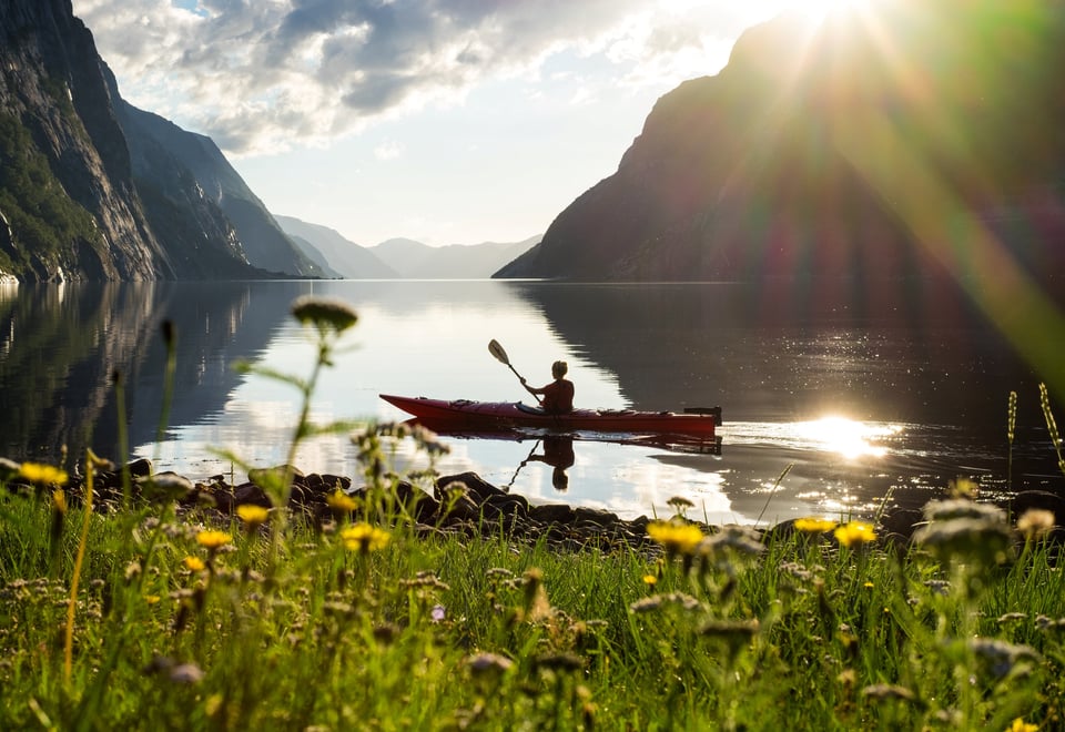 Kajakkpadling i solnedgang, Lysefjorden, løvetann, ansatt padler.