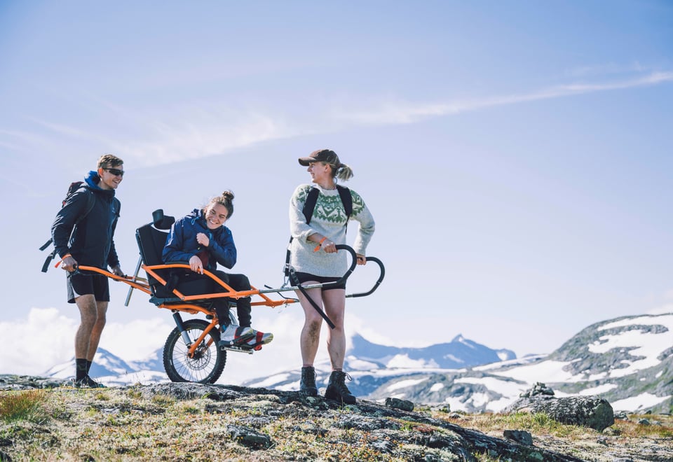 tre mennesker på tur på fjellet - to som holder turvogn og en som sitter oppi.
