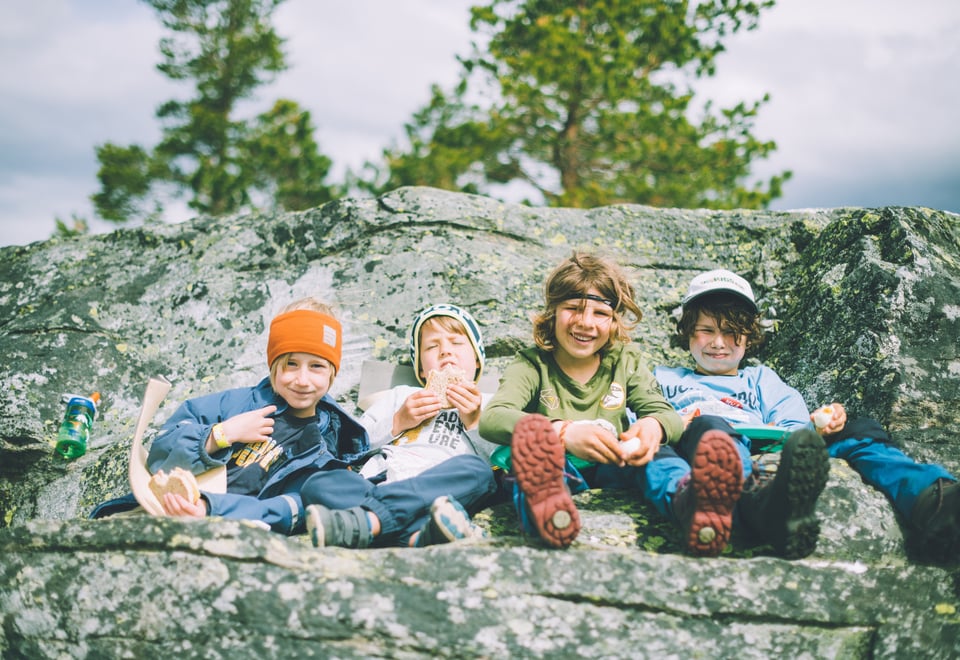 4 barn som sitter på en fjellhylle