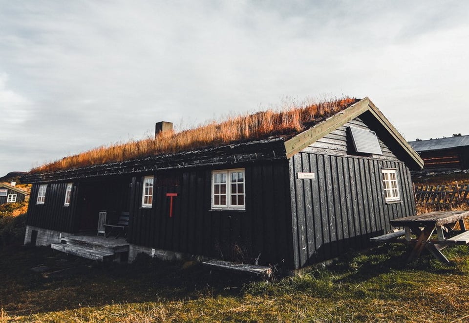 Svartmalt hytte med torvtak og en stor t på veggen.