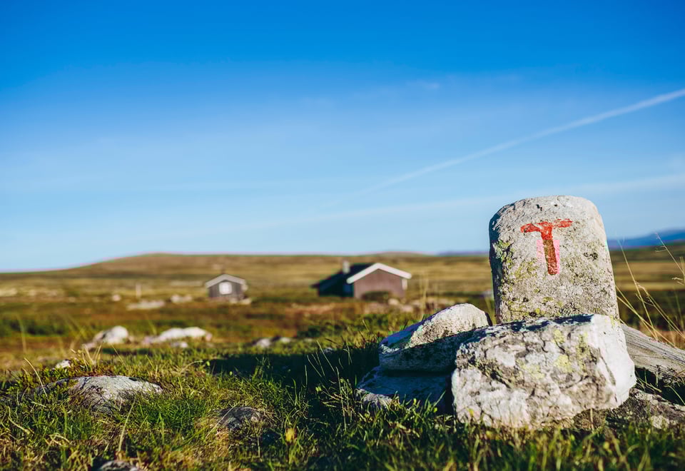 Varde med rød T og hytte i bakgrunnen.