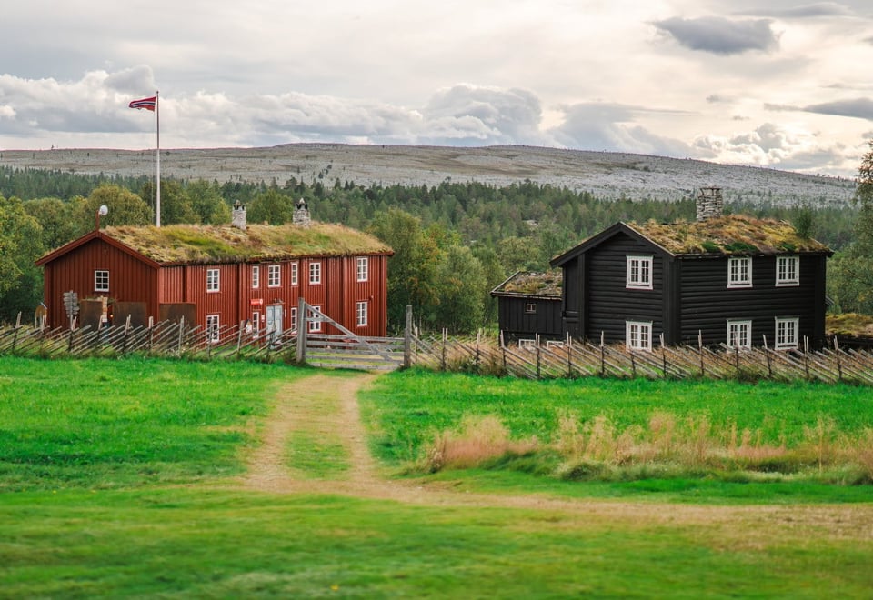 En rød og en mørkebrun hytte i et grønt fjellandskap