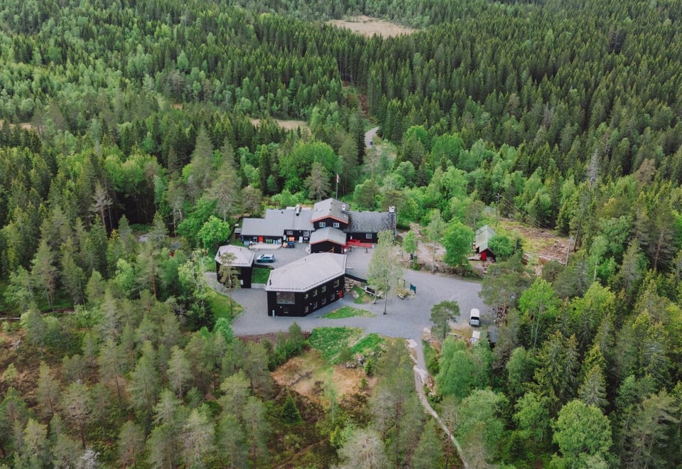 En mørk trehytte i et skogslandskap sett ovenfra