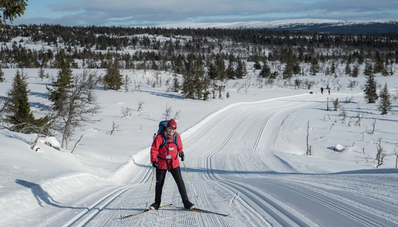 Smilende dame skøyter i skisport